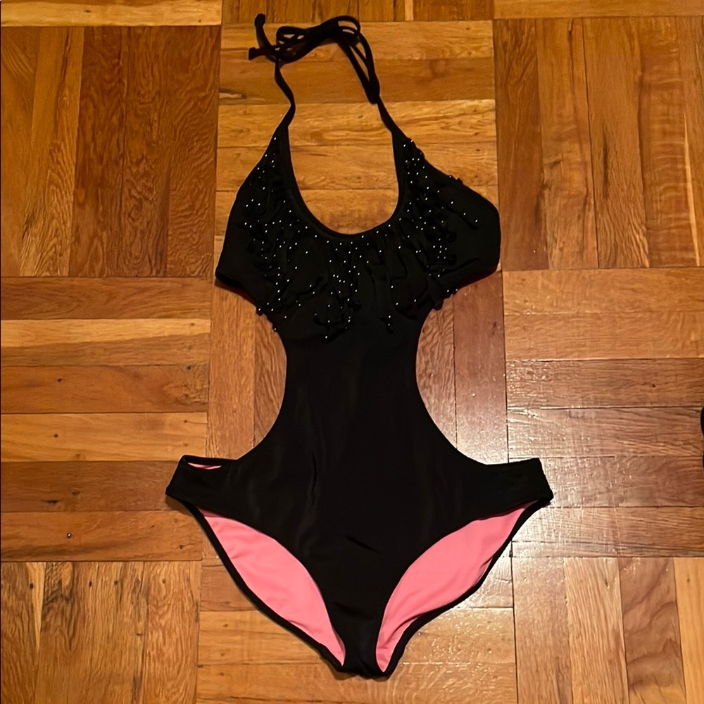 PINK Victoria’s Secret Stylish Black Fringe One Piece Swimsuit